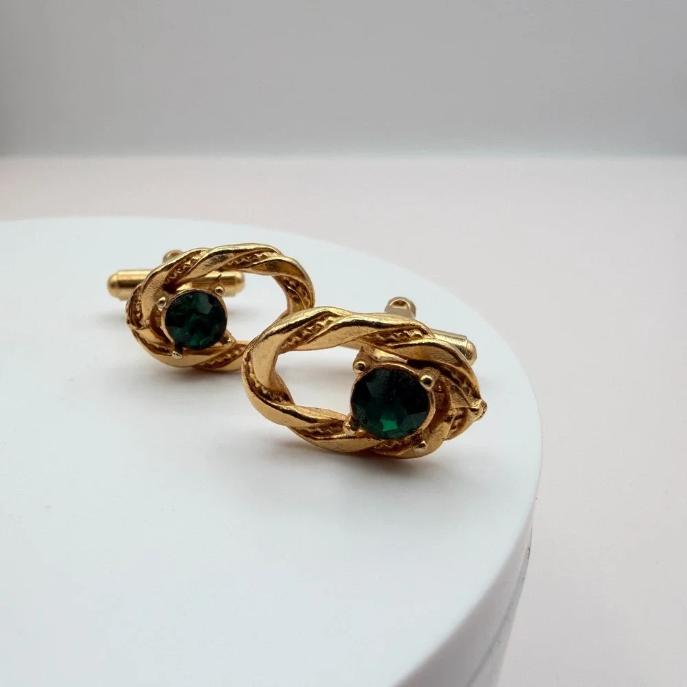 Vintage Y2K‎ Gold Tone Faux Pearl Green Glass Cufflinks Set 2 Pair Jewelry